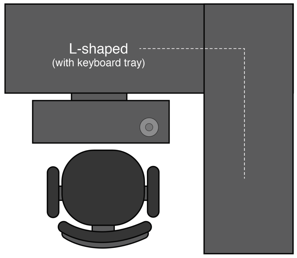 Illustration showing an L-shaped configuration for an office desk and chair