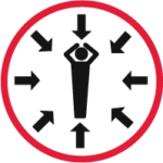 An icon showing a figure in the middle with inward pointing arrows surrounding him illustrating quantitative demands in the workplace