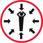 icon, quantitative demands, pressure, stress@1x An icon showing a figure in the middle with inward pointing arrows surrounding him illustrating quantitative demands in the workplace