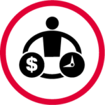 An icon showing a person juggling a dollar sign and a clock indicating a struggle between tie and money in relation to pace of work required