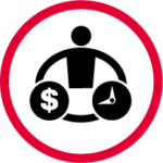 icon, work pace,@1x An icon showing a person juggling a dollar sign and a clock indicating a struggle between tie and money in relation to pace of work required