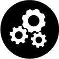 Icon of several gears working together to solve a problem