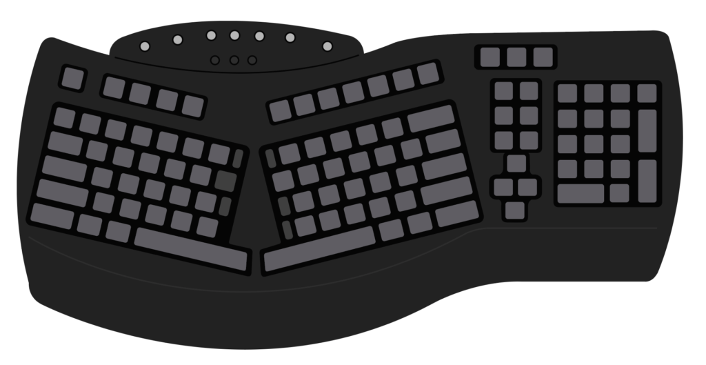 Illustration of a contoured keyboard including specialty keys and numeric keypad