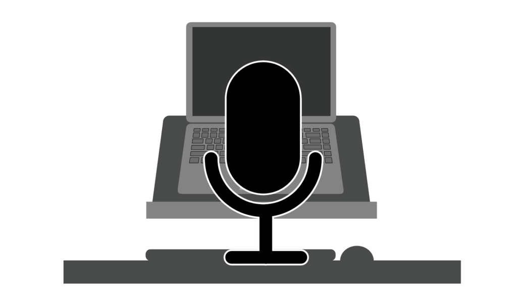 Illustration of a microphone in the foreground and a computer in the background depicting the concept of using dictation software for input