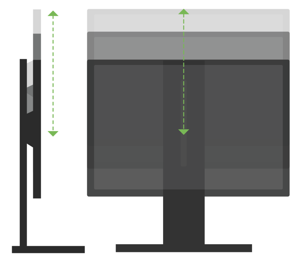 Illustration showing the front and side view of a height-adjustable monitor