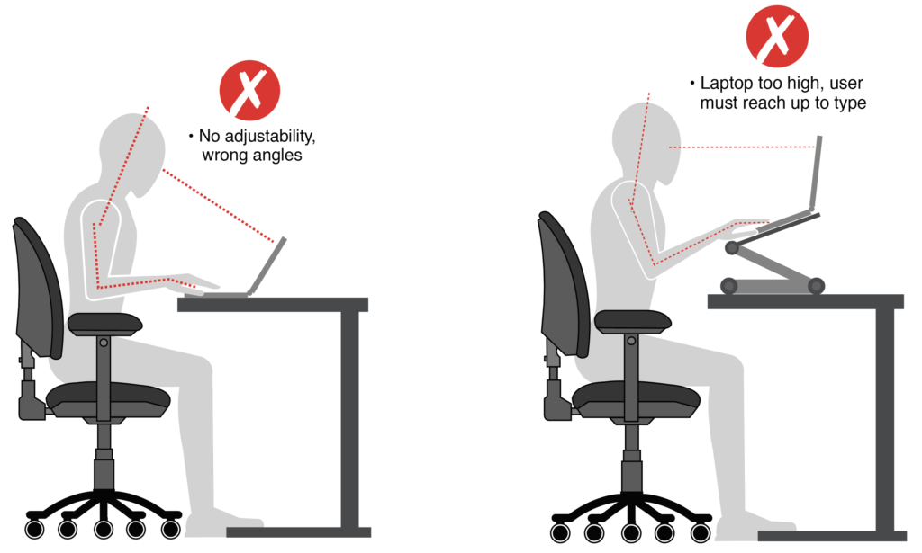 Illustration of two figures working with a laptop at the wrong angle and the wrong height