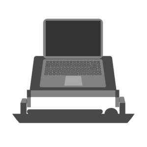 Illustration of a laptop sitting on a stand with a keyboard and mouse on an adjustable tray
