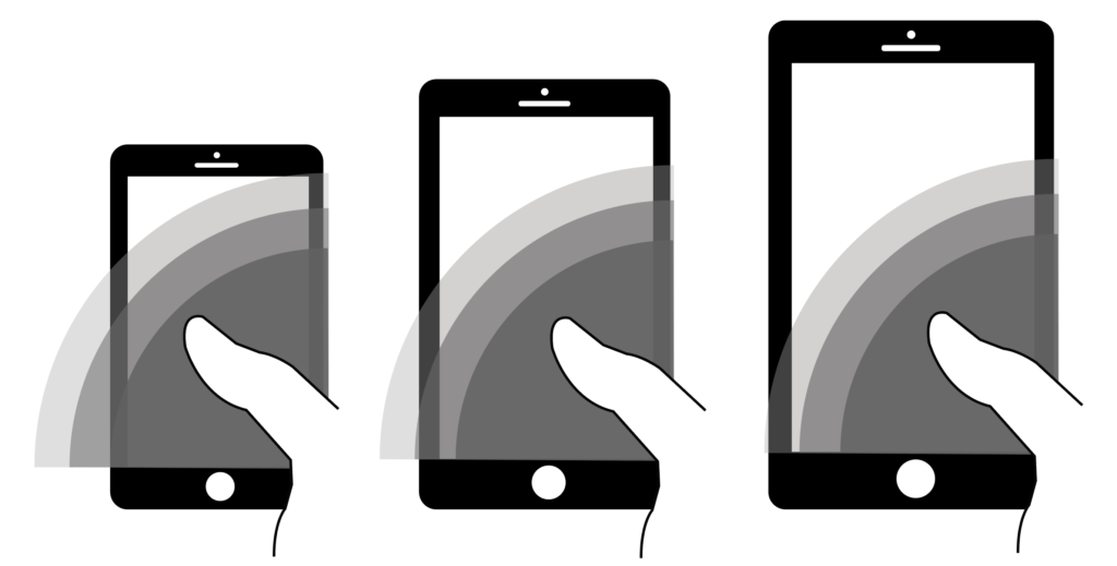 Illustration showing various sizes of mobile telephones and the swipe areas 