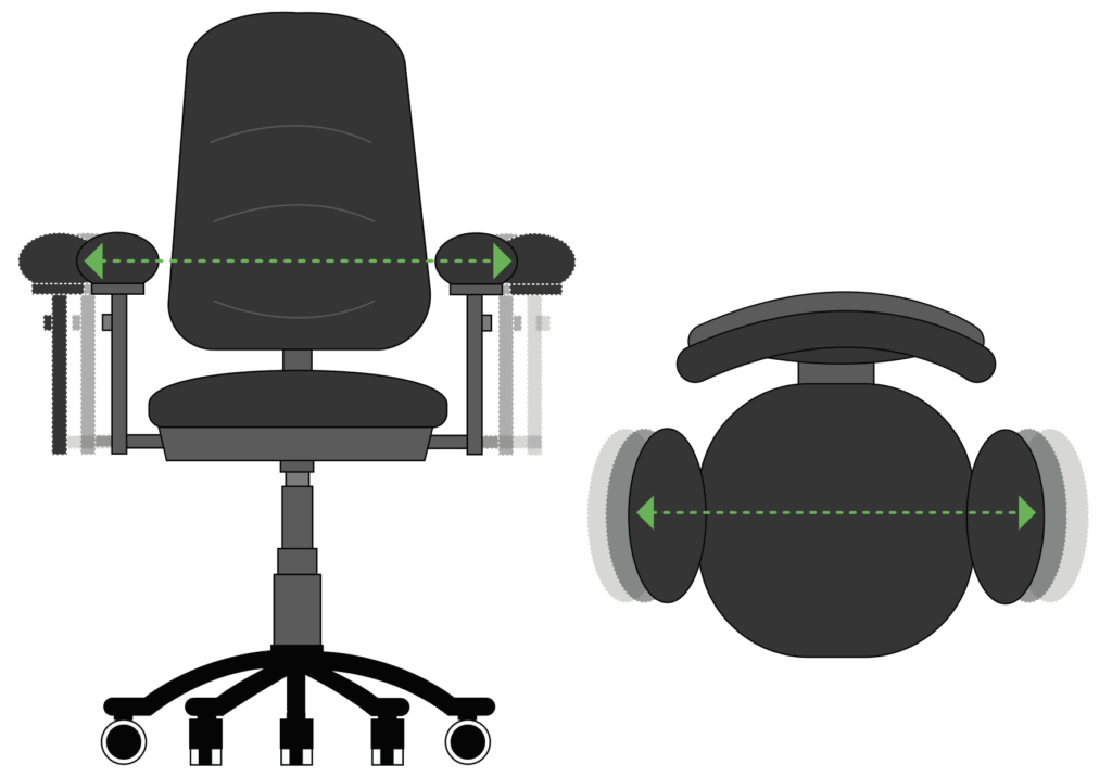 Illustration of the front and top view of an office chair showing the adjustable armrests to accomodate different sizes of users