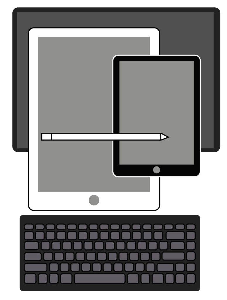 Illustration showing various sizes and orientation of tablets along with a stylus and keyboard