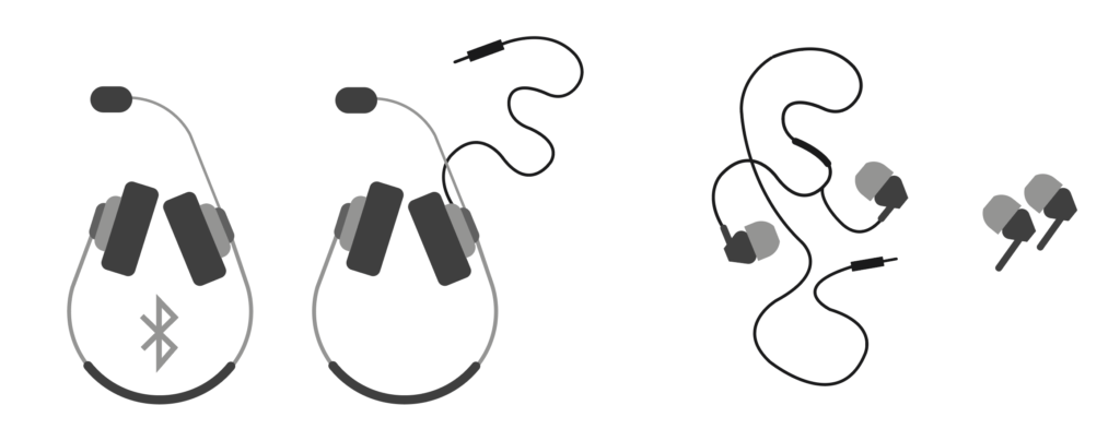Illustration of various types of telephone headsets