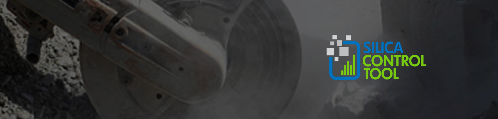 Background image of a saw cutting concrete causing silica dust with logo of Silica Control Tool overplayed