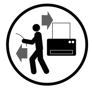 Icon of a person walking away from a printer carrying a piece of paper