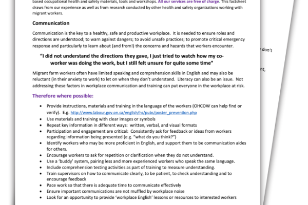 Snapshot of a factsheet on communicating health and safety effectively