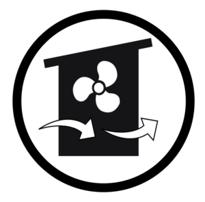 Icon of a building showing a fan and air flowing depicting ventilation systems and fans