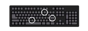 Illustration of a computer keyboard with several of the keys highlighted with circles depicting the concept of keyboard shortcuts