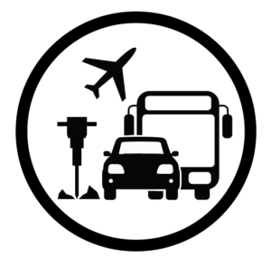 Icon of an airplane, jack hammer, car and bus depicting everyday outdoor noise