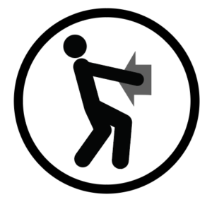 Icon of a figure pulling a large object backwards toward them