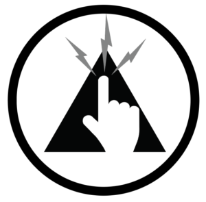 Icon of a triangle with a hand pointing upward being touched by three bolts of electricity depicting the concept of static shocks