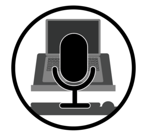 Icon of a microphone sitting in front of a laptop depicting the concept of voice activation software