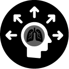 Icon of a head with lungs in the middle and arrows pointing outward depicting the concept of asthma awareness