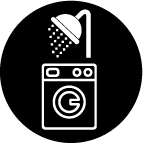 Icon depicting good housekeeping practices showing a shower and washing machine