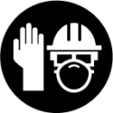 Icon showing a rubber glove, hard helmet and mask depicting the use of personal protective equipment (PPE)