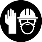 Icon showing a rubber glove, hard helmet and mask depicting the use of personal protective equipment (PPE)