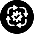 Icon of cog with a checkmark in it surrounding by circular arrows depicting the concept of safe work procedures
