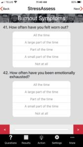 Screenshot of a question screen from the OHCOW StressAssess App