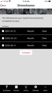 Screenshot of the history screen from the OHCOW StressAssess App