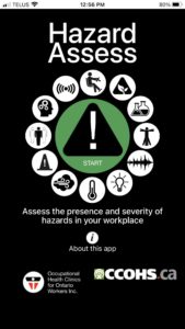 A screenshot of the opening screen of OHCOW's Hazard Assess app