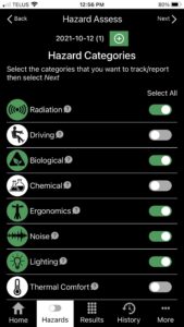A screenshot of the hazards screen of OHCOW's Hazard Assess app