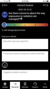 A screenshot of the hazards screen of OHCOW's Hazard Assess app