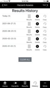 A screenshot of the History screen of OHCOW's Hazard Assess app