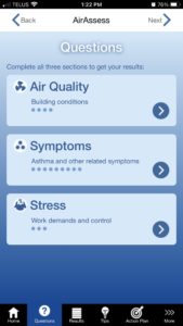 A screenshot of the Questions screen from OHCOW's Air Assess App