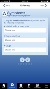 A screenshot of a question screen from OHCOW's Air Assess App