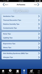 A screenshot of the Tips screen from OHCOW's Air Assess App
