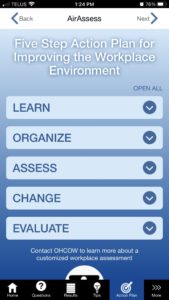 A screenshot of the Action Plan screen from OHCOW's Air Assess App