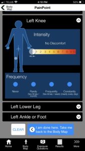 A screenshot of the Left Knee screen of OHCOW's PainPoint app