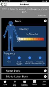 A screenshot of the Neck screen of OHCOW's PainPoint app