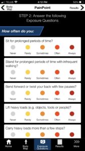 A screenshot of the Exposure Questions screen of OHCOW's PainPoint app