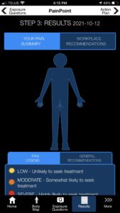 A screenshot of the Result screen of OHCOW's PainPoint app