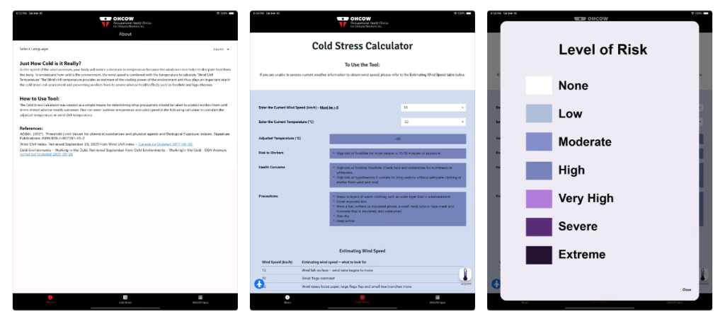 Thumbnail images from OHCOW's Cold Stress Calculator app version