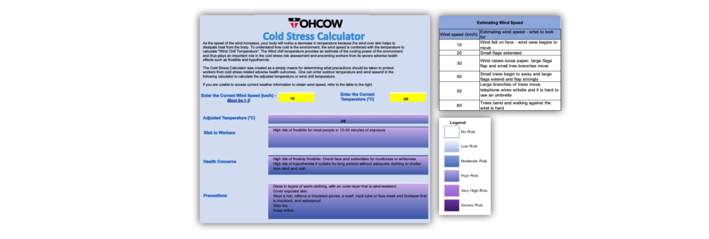 Screen shot of the OHCOW Cold Stress Calculator