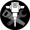 Icon showing a jackhammer, hand saw and wrench depicting the concept of tools and equipment