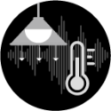 Icon of a light fixture, thermometer and noise waves depicting various factors that make up the work environment