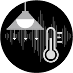 Icon of a light fixture, thermometer and noise waves depicting various factors that make up the work environment