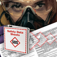 Image of person wearing safety glasses and a respirator overlayed with a sample safety data sheet (SDS) as well as an SDS binder and WHMIS symbols