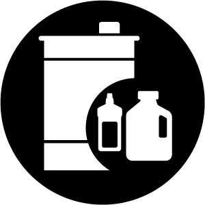 Icon of a chemical drum overlayed with two smaller chemical containers